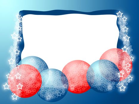 Bright Christmass Frame with Glass Red and Blue Baubles Balls ans White Blank Background