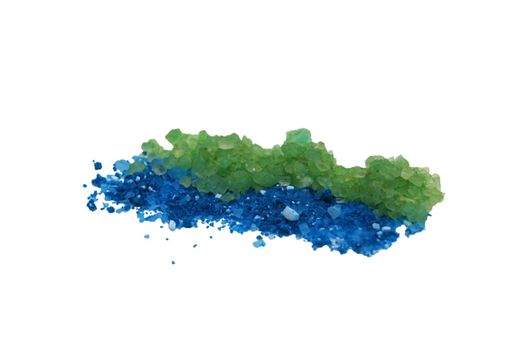 Green and Blue Sea Salts spill across a white background.