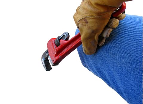 Construction worker with gloved hand holding tool against a white background.