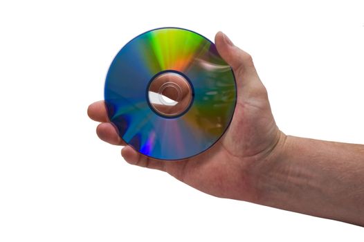 an isolated over white image of a caucasian man's hand holding a CD or DVD disk.