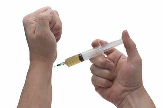 an isolated over white image of a caucasian man's hands holding about to inject a hyperdermic needle. uses could include drug addiction or self medication.
