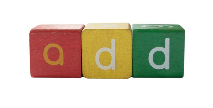 the word 'add' in colorful children's block letters isolated on white