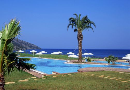 Pool and sea in Latchi, Cyprus, Europe