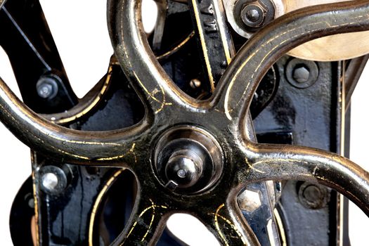 close-up view of a restored antique black letterpress shows the rare gold detailing