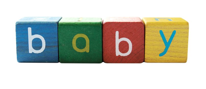 the word 'baby' in colorful children's block letters isolated on white