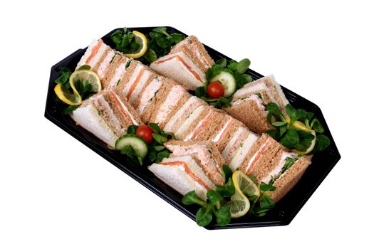 A business sandwich platter on a black tray