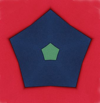 blue and green pentagons on a red background