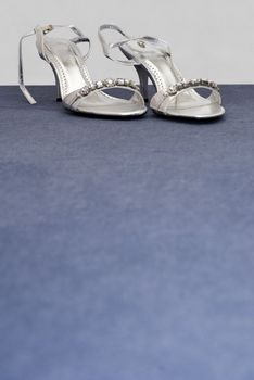 Silver formal wedding shoes at top of frame with blank bue space below