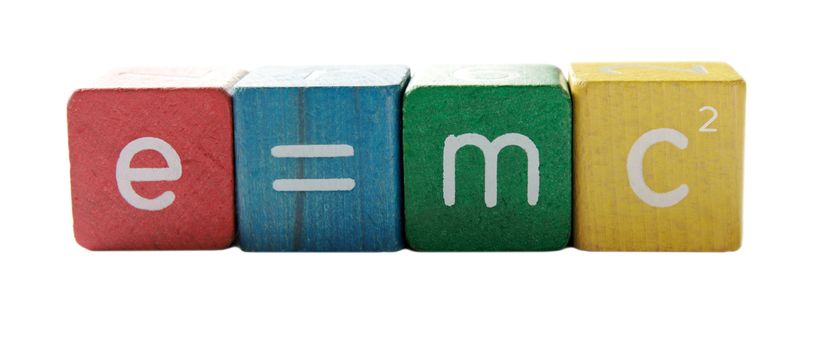 the famous formula, E=MC2, in colorful children's block letters