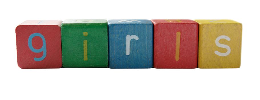the word 'girls' in colorful children's block letters isolated on white