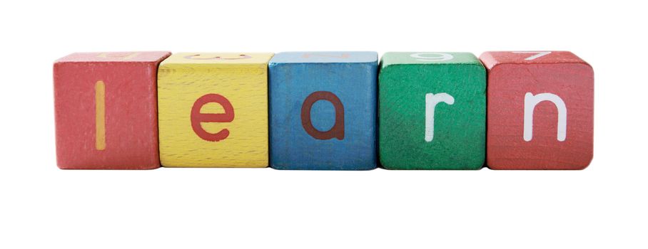the word 'learn' in colorful children's block letters isolated on white