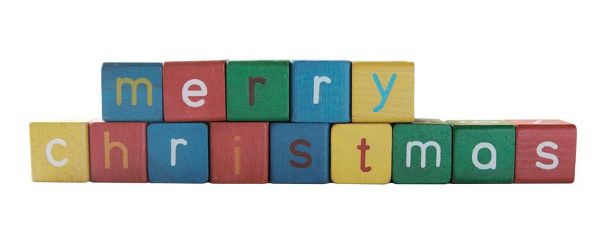 Merry Christmas in colorful children's block letters isolated on white