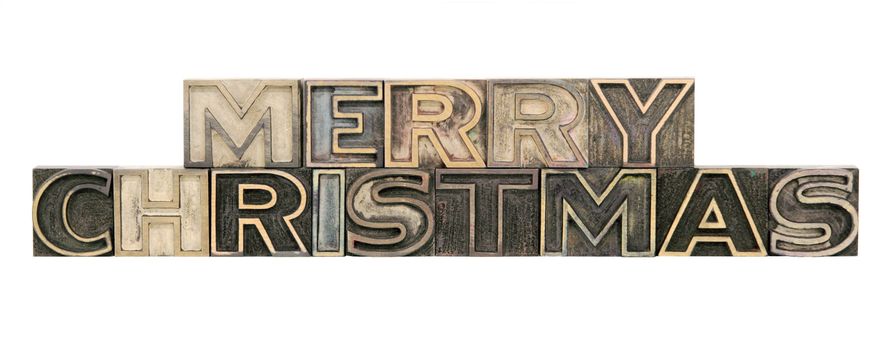 Merry Christmas in outline letterpress wood letters isolated on white
