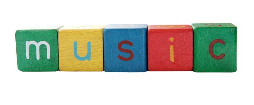 the word 'music' in colorful children's block letters