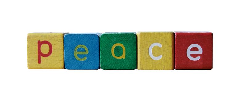 peace in colorful children's block letters isolated on white
