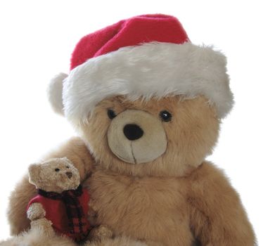 large teddy bear wearing a Santa hat with a little bear in his lap who wears a felt sweater with a red and black muffler