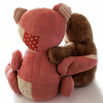 a quilted teddy bear holds a plush brown bear in a hug, isolated on white
