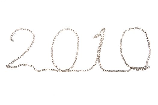 Inscription "2010" on white background made from chain.