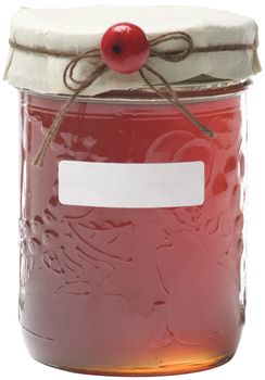 Apple jelly jay with white label and berry decoration, path included