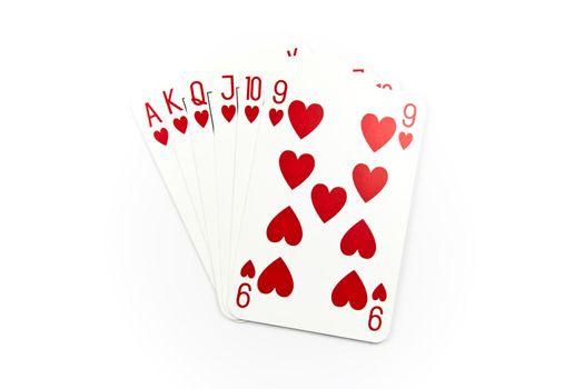 Six top heart cards isolated on white