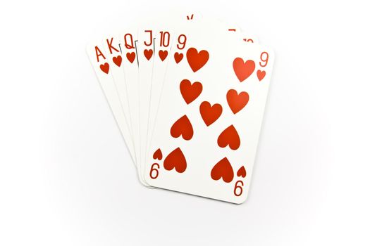 Six top heart cards isolated on white