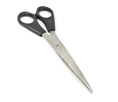 Black scissors isolated one white background