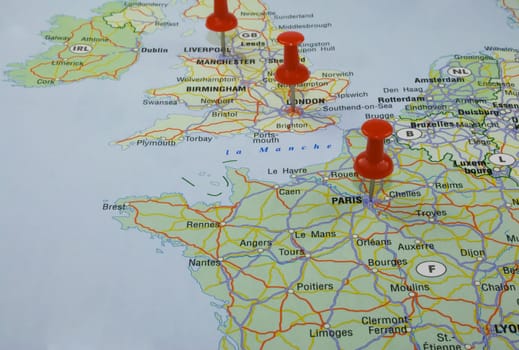 Europe map with three red pins