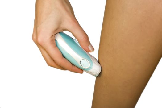 Close up of woman shaving her leg isolated on white