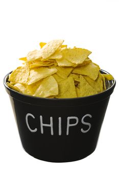 Isolated black vase of tex mex chips over white