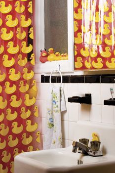 Bathroom of old appartment decorated with a rubber duck theme