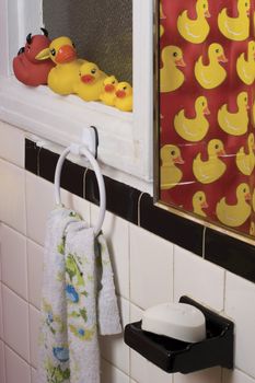 Bathroom decorated with a rubber ducky theme