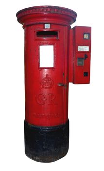 A British, Royal Mail postbox, from the Georgian era, with a stamp machine. Clipping path included. Space for text on the white panel at the front of the box.
