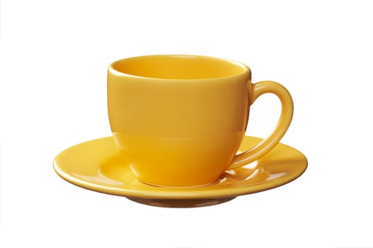Empty yellow coffee cup over a white background