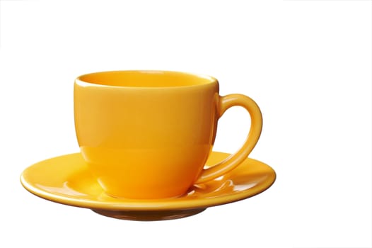 Empty yellow coffee cup over a white background