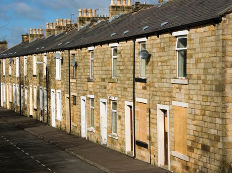 Typical scene of a row of terraced houses in a Lancashire mill town
