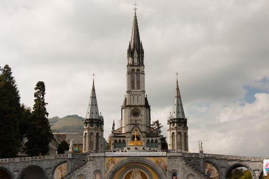Close up of the Cathedral of Lourdes in France