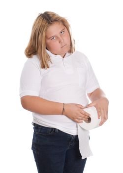 A young girl holding a roll of toilet paper, isolated against a white background