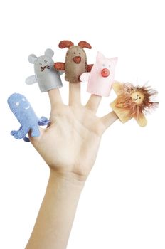 Girl's hand with animal finger puppets (pig, lion, mouse, octopussy, dog)