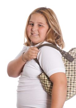 A young girl holding a purse over her shoulder, isolated against a white background