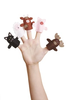 Girl's hand with animal finger puppets (cat, sheep, cow, pig and moose) 