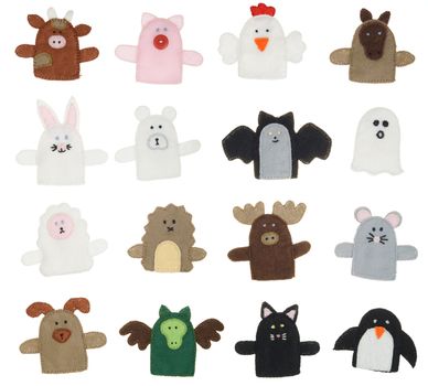 Isolated collection of different finger puppets ( animals )