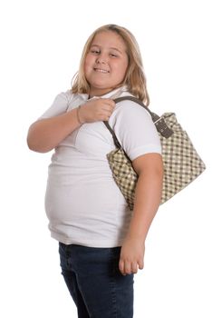 A young girl holding a purse over her shoulder, isolated against a white background