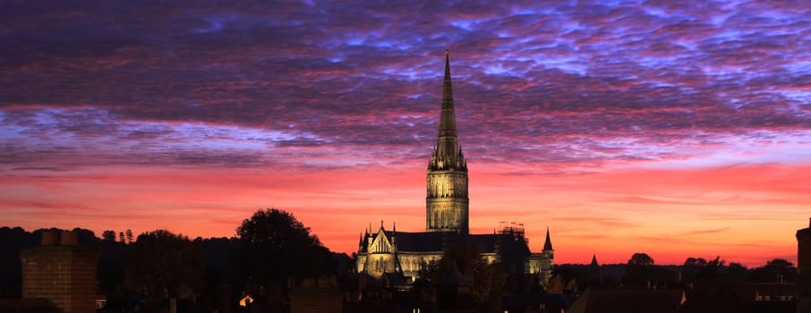 Winter sunset over Salisbury Cathedral, Salisbury in Wiltshire.