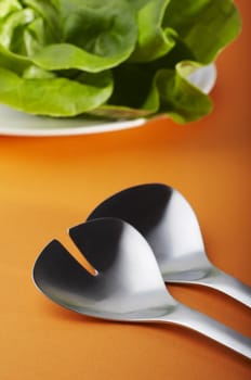 Two metal salad spoon on the orange table