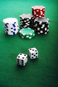 Casino chips and dices on the table