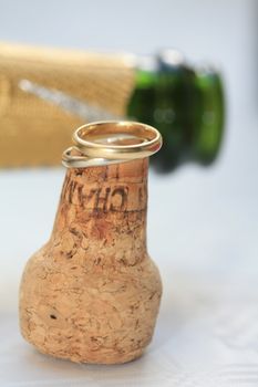 Two wedding bands on a champagne cork