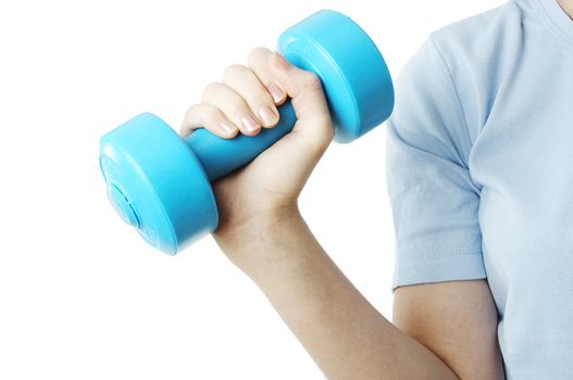 Isolated girl's hand holding a gym weight