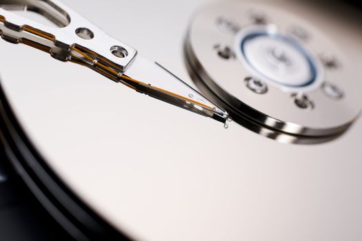 Close up of modern opened hard disk drive 
