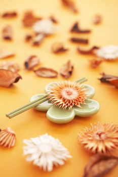 Incense sticks on the orange table with dried flowers