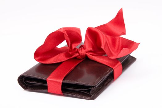 Leather brown wallet gift with big red bow